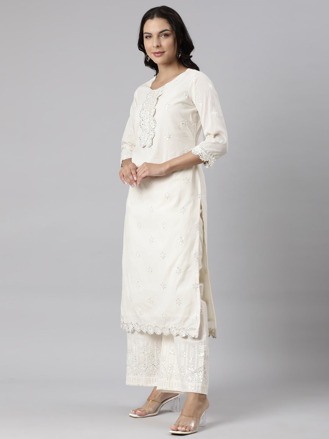 Neerus Off White Panelled Straight Solid Kurta And Palazzos With Dupatta