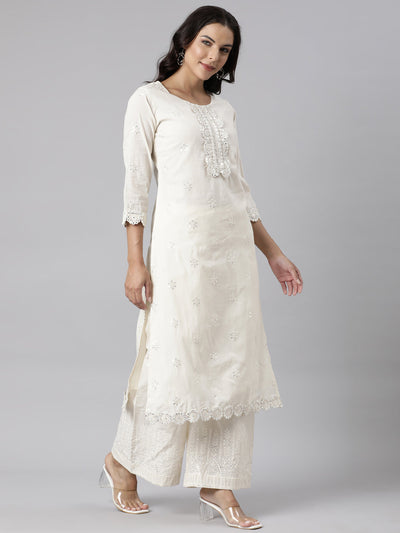 Neerus Off White Panelled Straight Solid Kurta And Palazzos With Dupatta