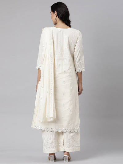 Neerus Off White Panelled Straight Solid Kurta And Palazzos With Dupatta