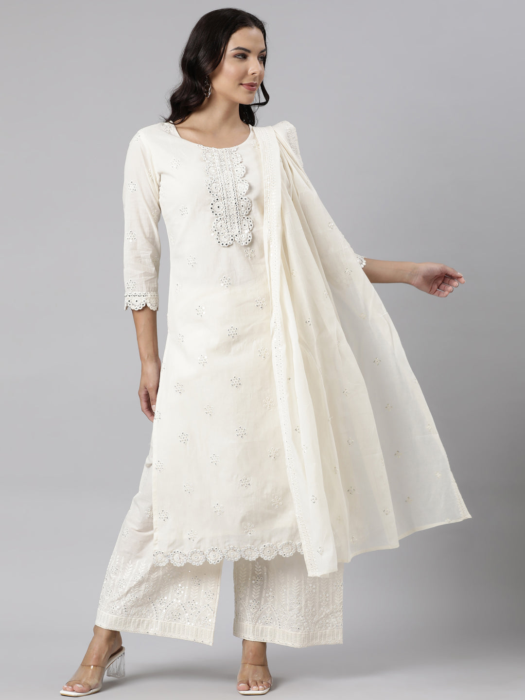 Neerus Off White Panelled Straight Solid Kurta And Palazzos With Dupatta