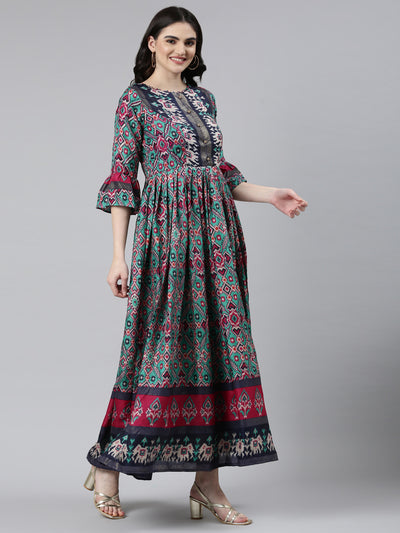 Neeru's Green Straight Casual Printed Dress