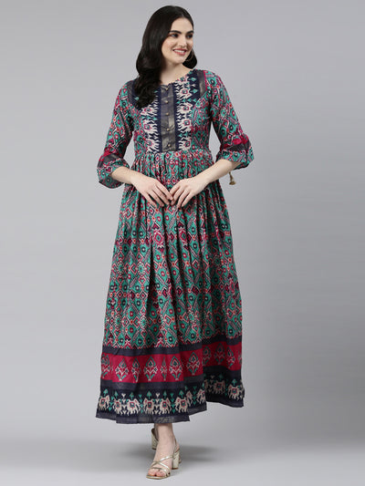 Neeru's Green Straight Casual Printed Dress