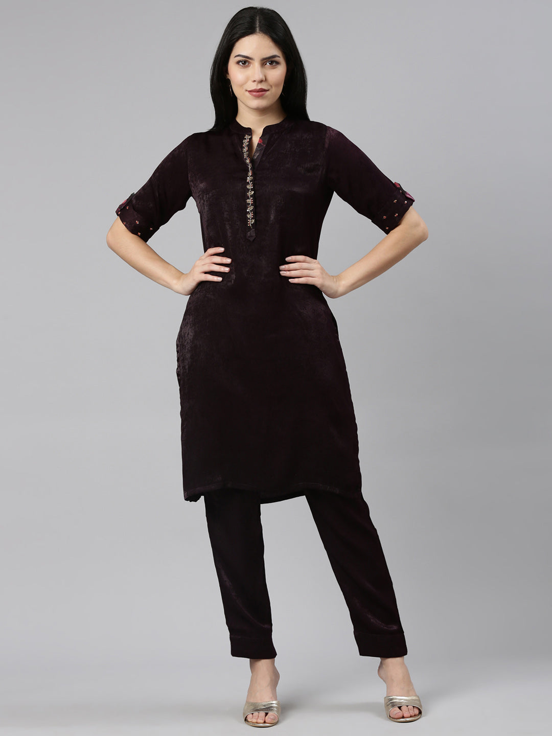 Neeru's Purple Regular Straight Solid Kurta And Trousers