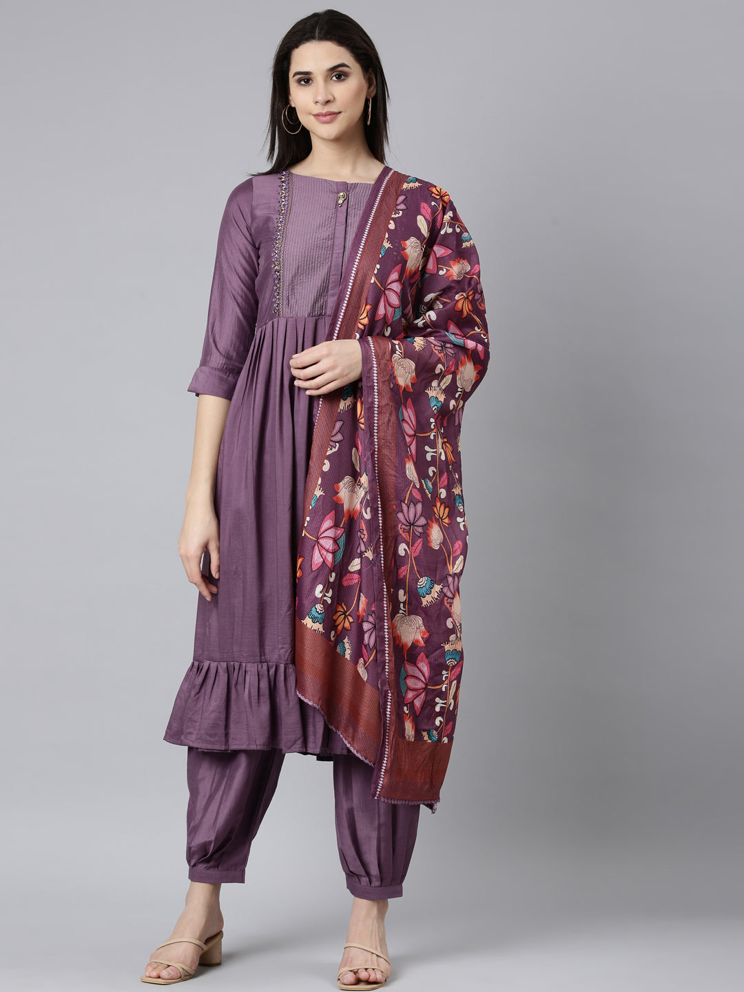 Neerus Lavender Regular Straight Solid Kurta And Salwar With Dupatta