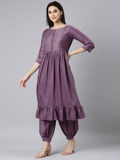 Neerus Lavender Regular Straight Solid Kurta And Salwar With Dupatta