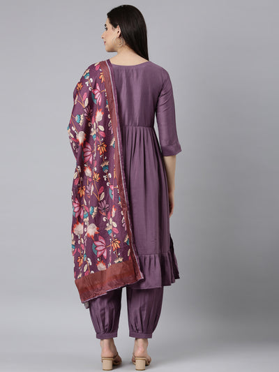 Neerus Lavender Regular Straight Solid Kurta And Salwar With Dupatta