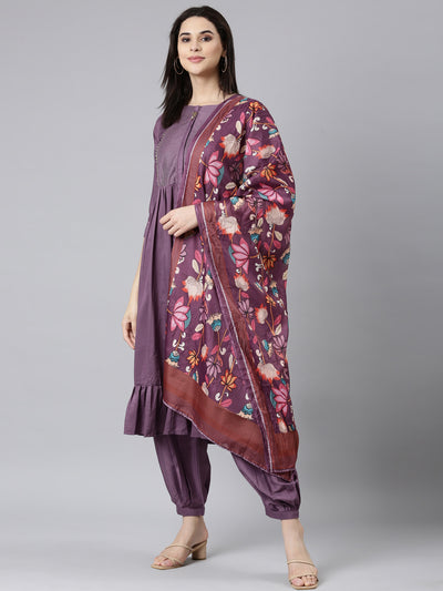 Neerus Lavender Regular Straight Solid Kurta And Salwar With Dupatta