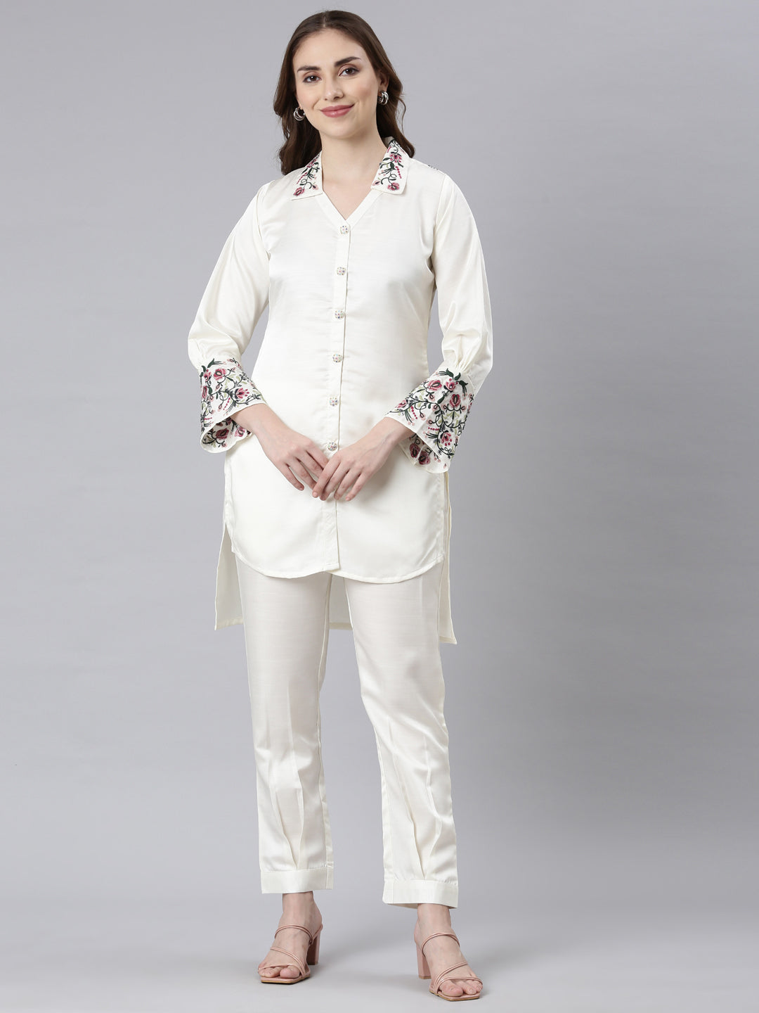 Neerus Cream Casual Embroidered Top And Trousers