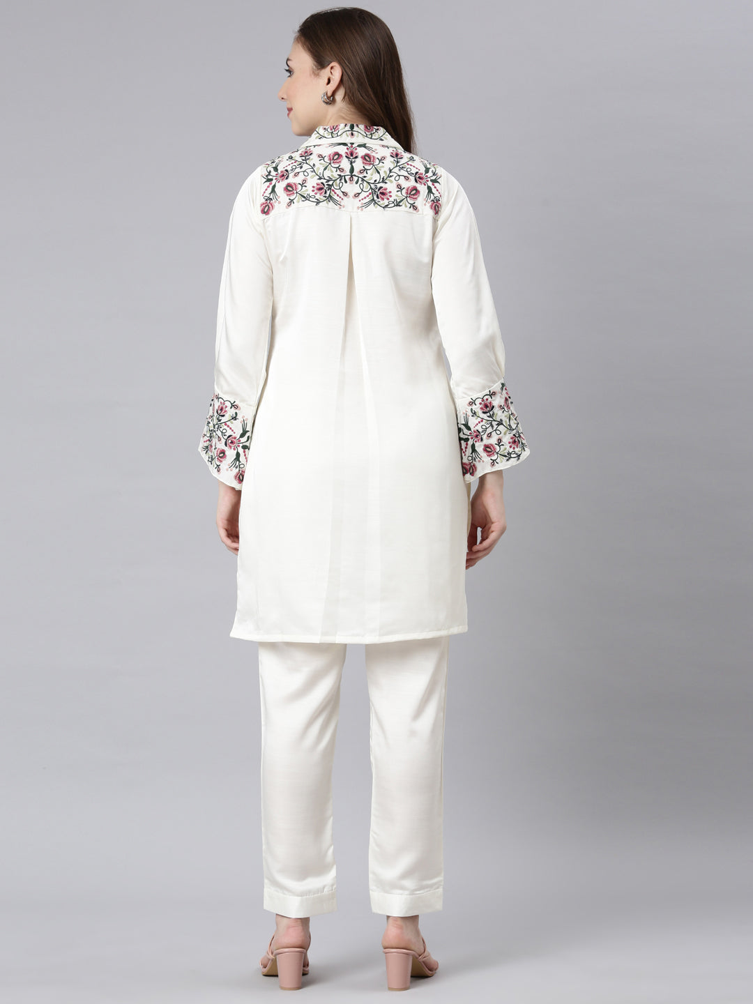 Neerus Cream Casual Embroidered Top And Trousers