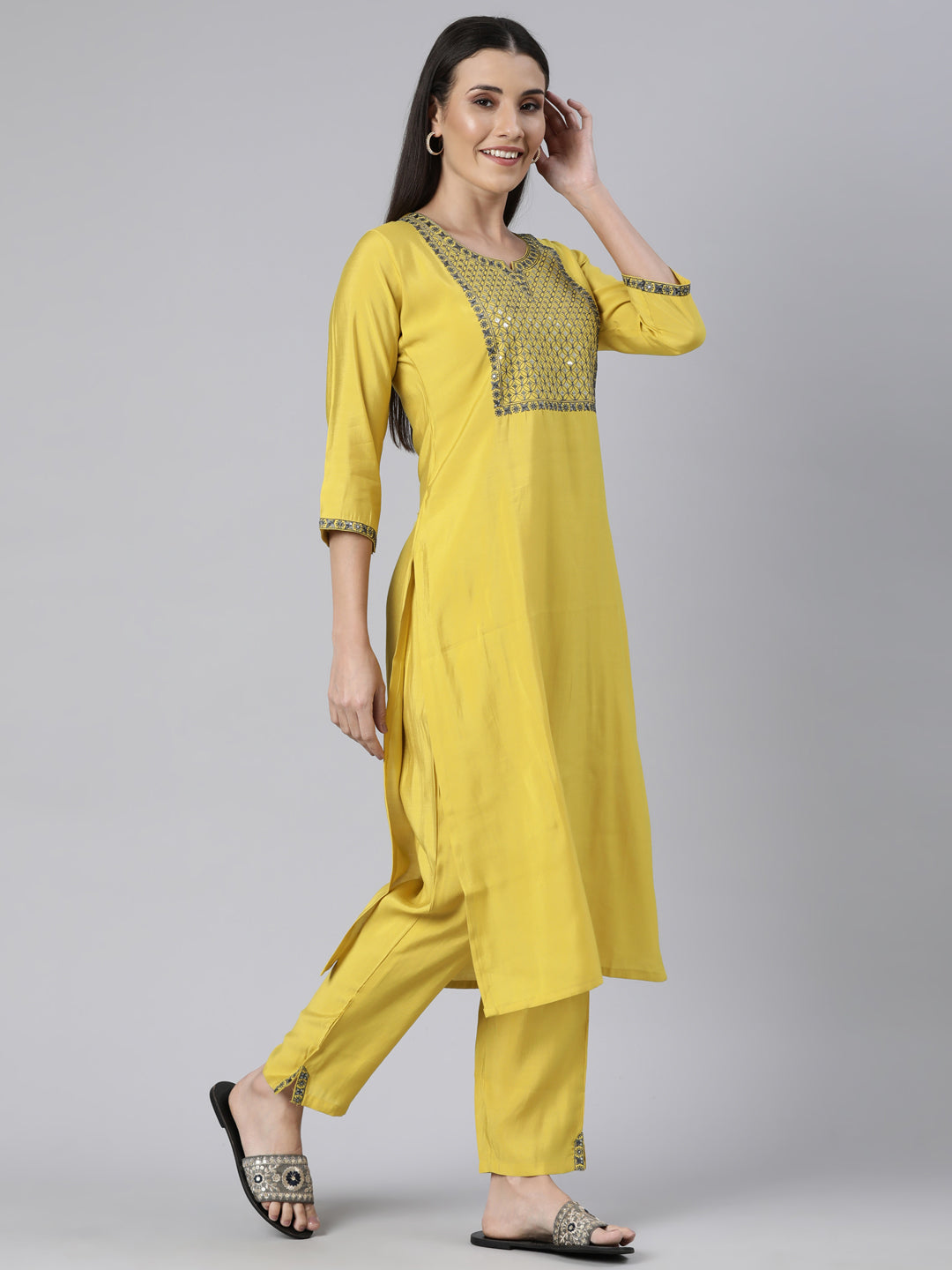 Neerus Green Regular Straight Solid Kurta And  Trousers