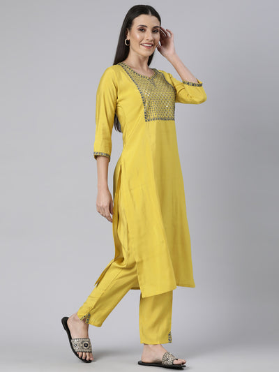 Neerus Green Regular Straight Solid Kurta And  Trousers