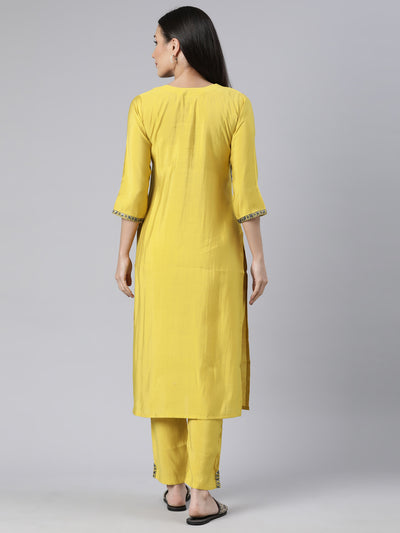 Neerus Green Regular Straight Solid Kurta And  Trousers