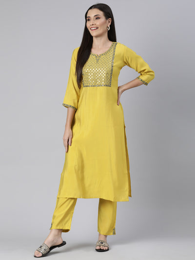 Neerus Green Regular Straight Solid Kurta And  Trousers