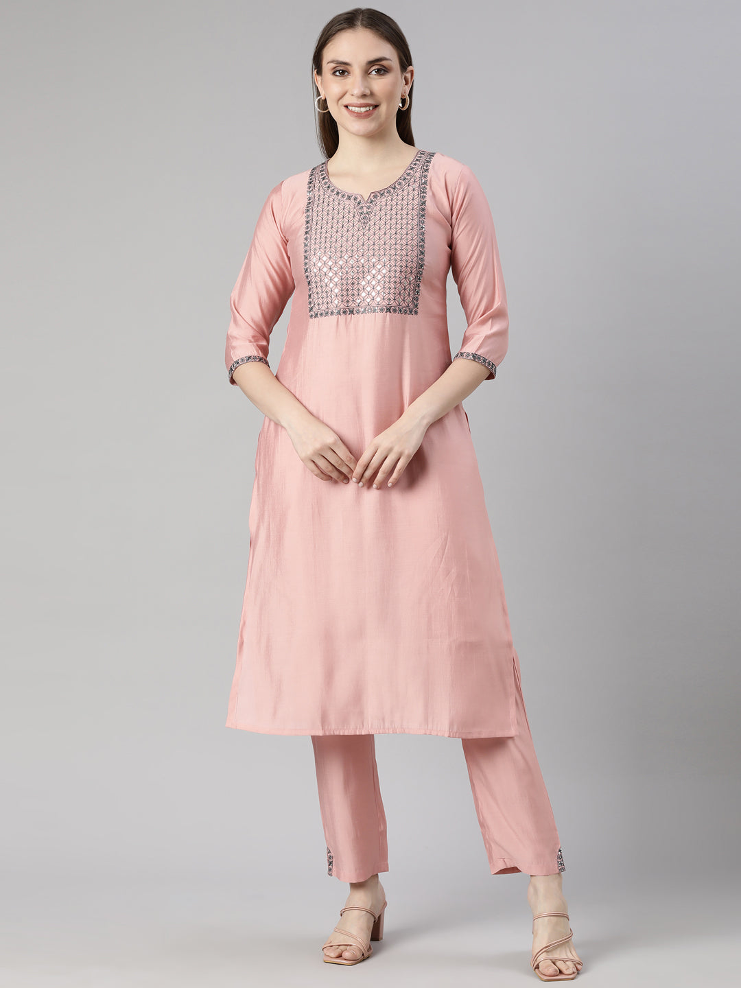 Neerus Pink Regular Straight Solid Kurta And  Trousers