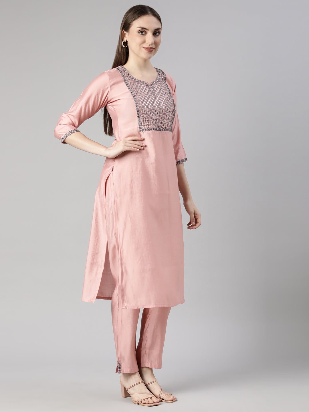 Neerus Pink Regular Straight Solid Kurta And  Trousers