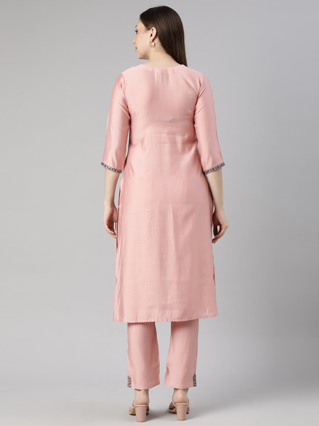 Neerus Pink Regular Straight Solid Kurta And  Trousers