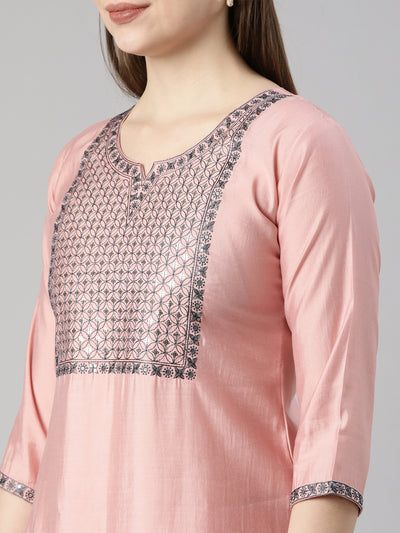 Neerus Pink Regular Straight Solid Kurta And  Trousers