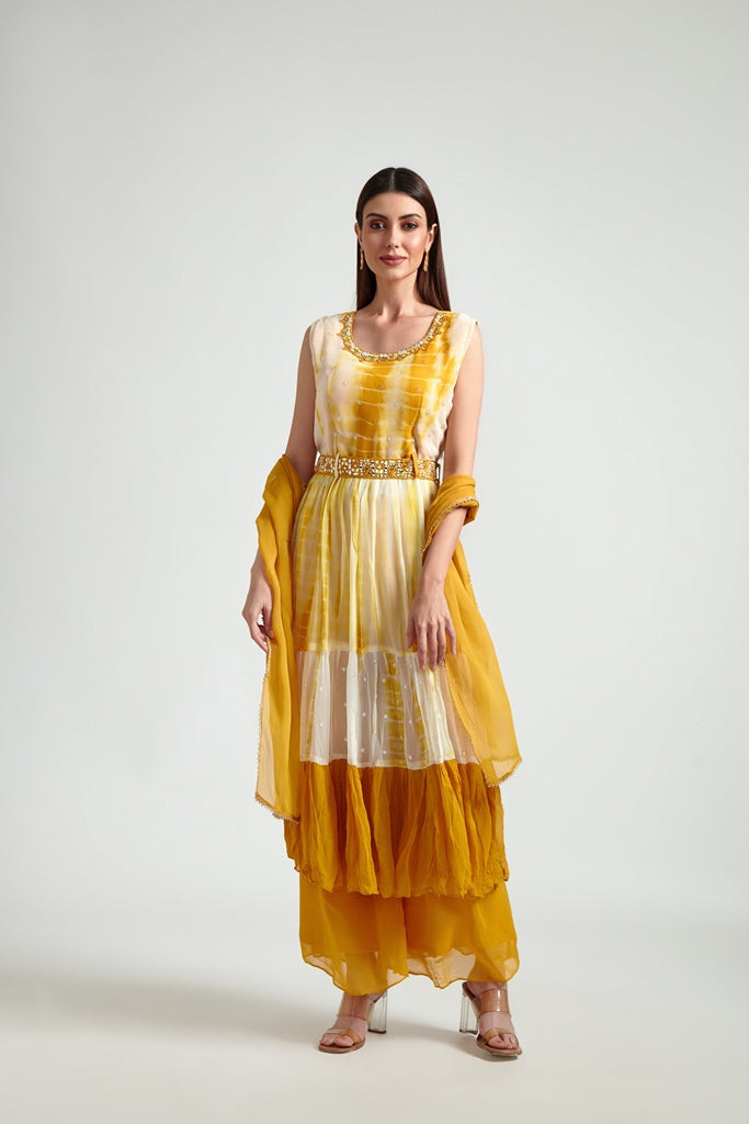 Neerus Women Mustard Yellow White Dyed Anarkali Readymade suits