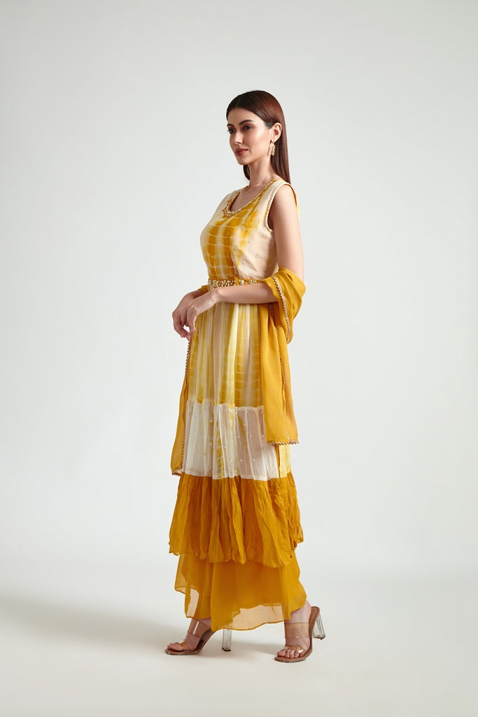 Neerus Women Mustard Yellow White Dyed Anarkali Readymade suits