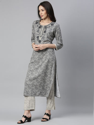 Neerus Women Grey Floral Printed Kurta with Trousers