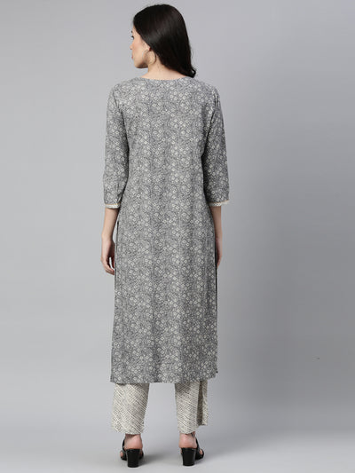 Neerus Women Grey Floral Printed Kurta with Trousers