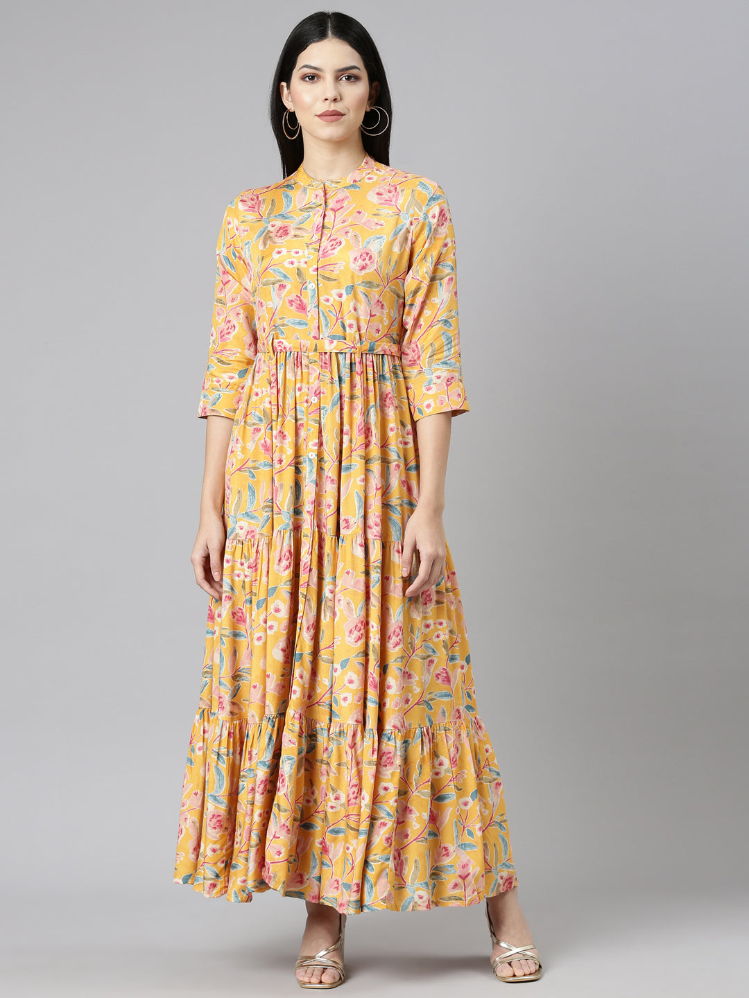 Neeru's Mustard Flared Casual Printed Gown