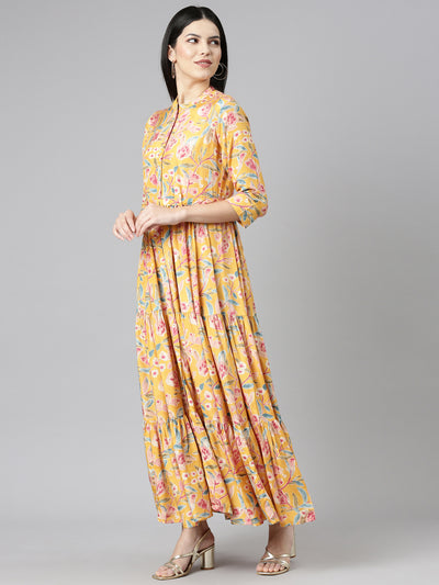 Neeru's Mustard Flared Casual Printed Gown