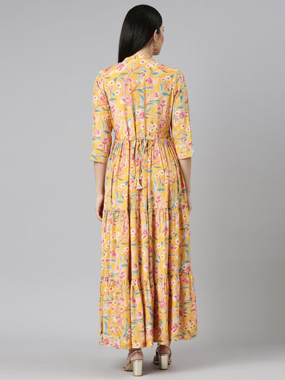 Neeru's Mustard Flared Casual Printed Gown