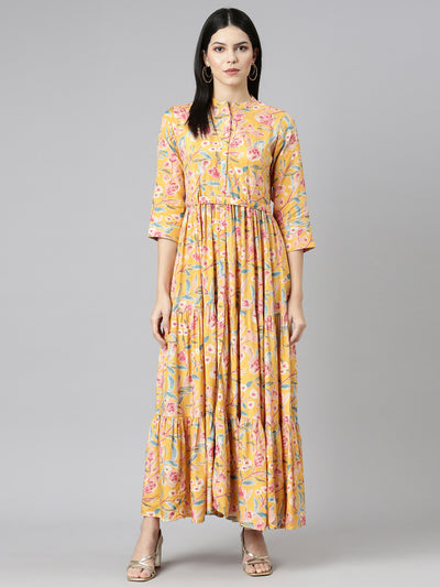 Neeru's Mustard Flared Casual Printed Gown