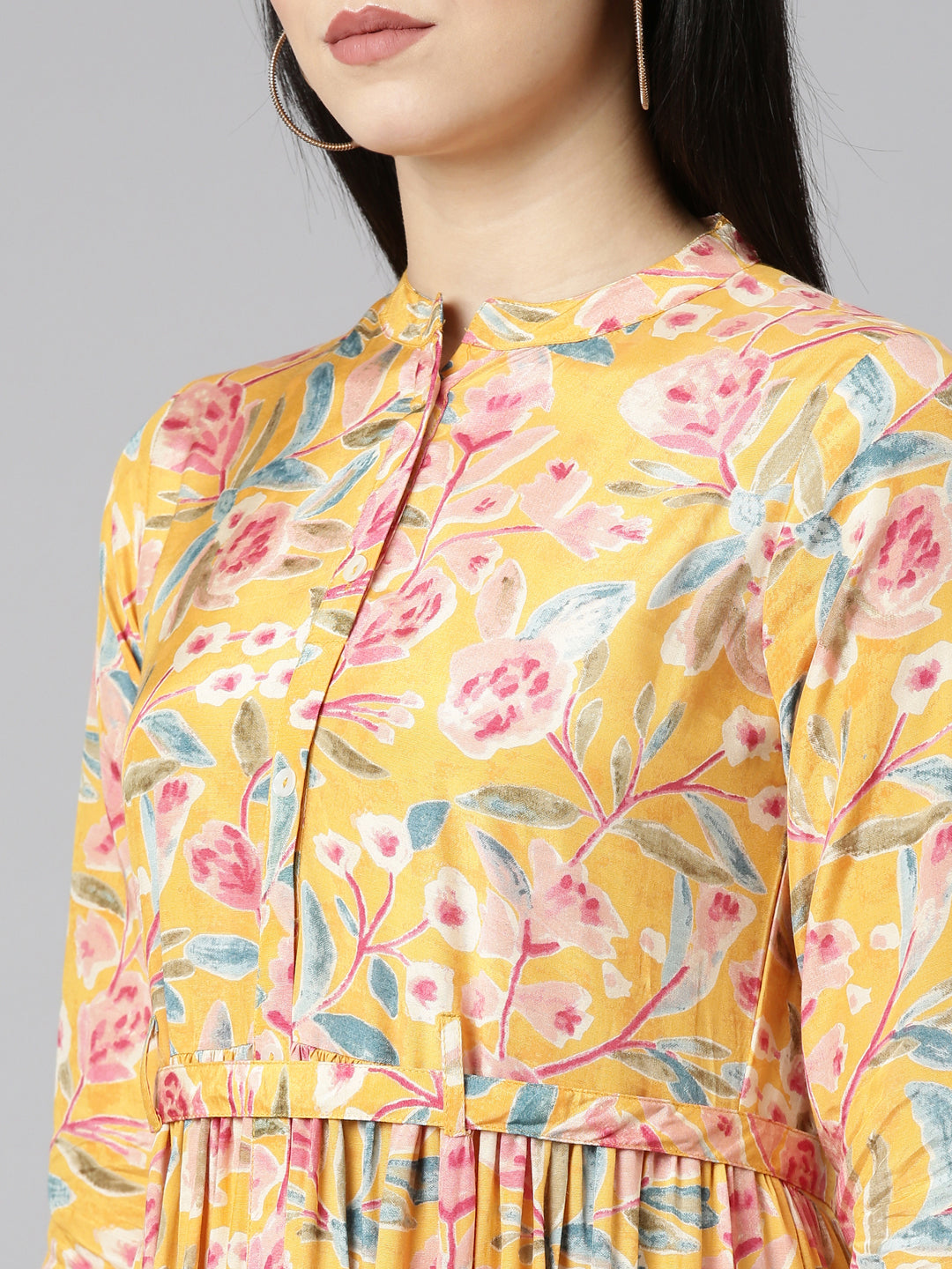 Neeru's Mustard Flared Casual Printed Gown