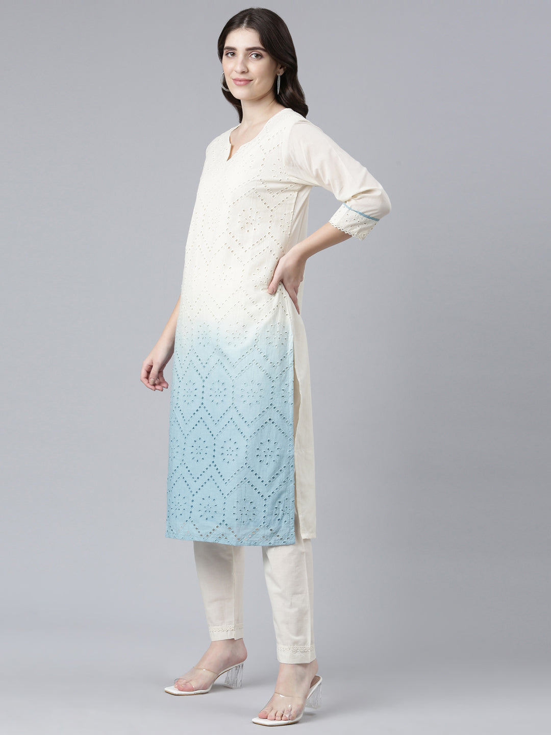 Neerus Round Neck Cotton Kurta With Trousers With Dupatta