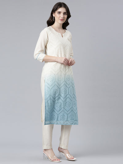 Neerus Round Neck Cotton Kurta With Trousers With Dupatta