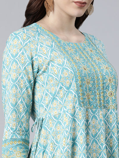 Neeru's Sea Green Color Cotton Fabric Floral Kurta