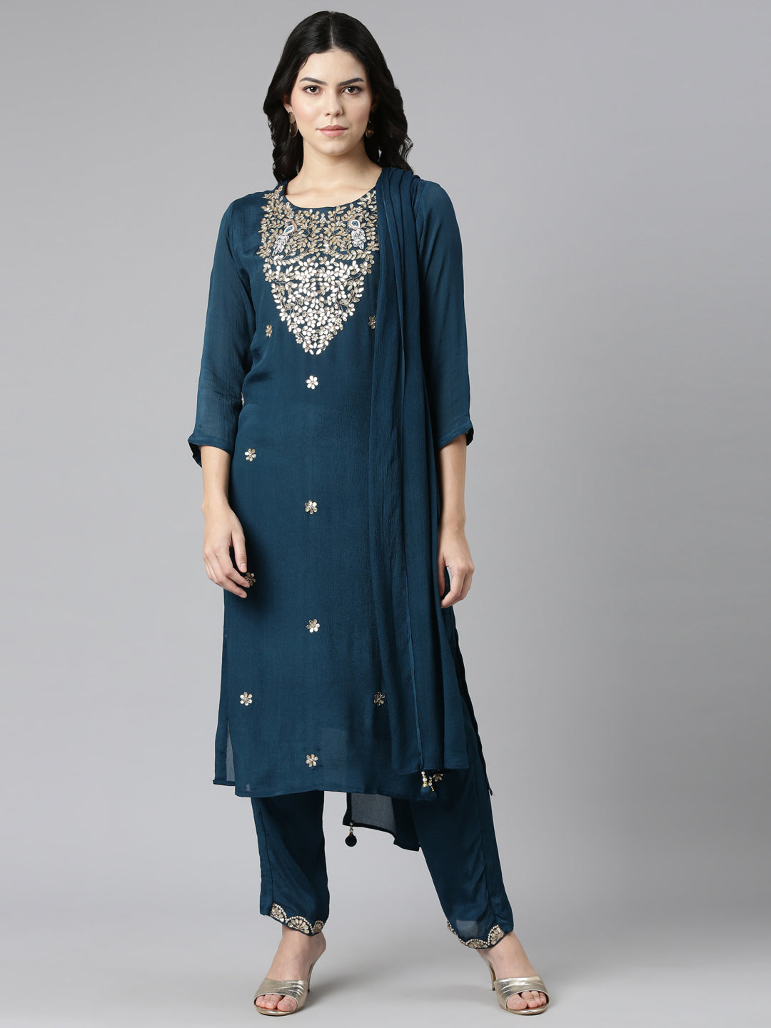 Neeru's Green Regular Straight Embroidered Kurta And Trousers With Dupatta