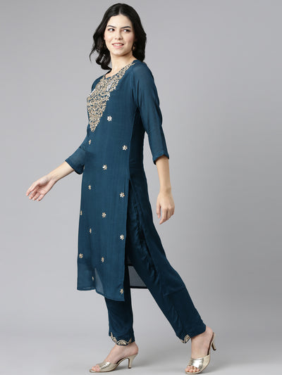 Neeru's Green Regular Straight Embroidered Kurta And Trousers With Dupatta