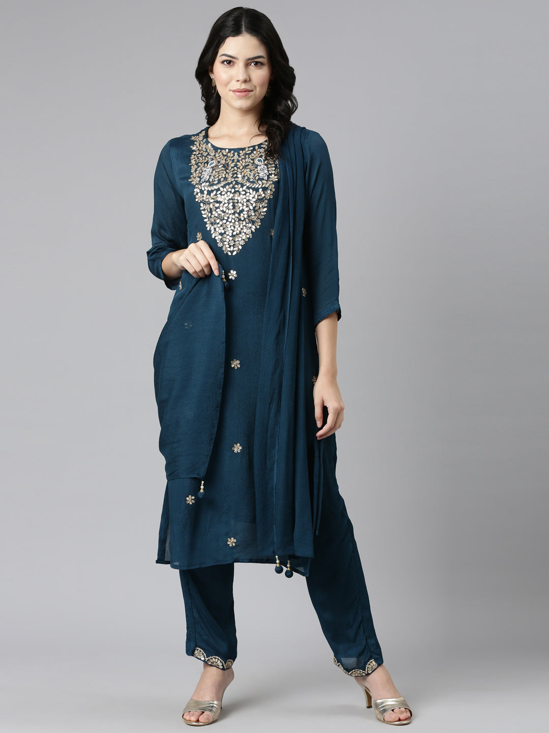 Neeru's Green Regular Straight Embroidered Kurta And Trousers With Dupatta