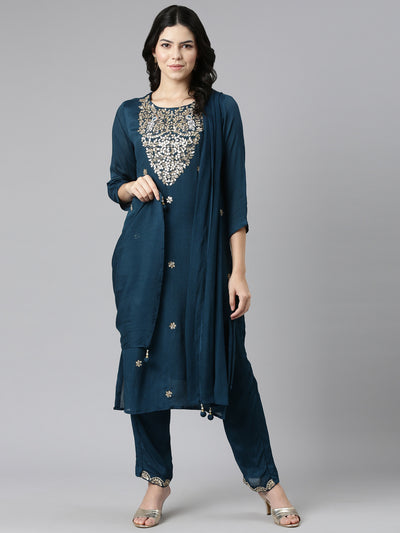 Neeru's Green Regular Straight Embroidered Kurta And Trousers With Dupatta