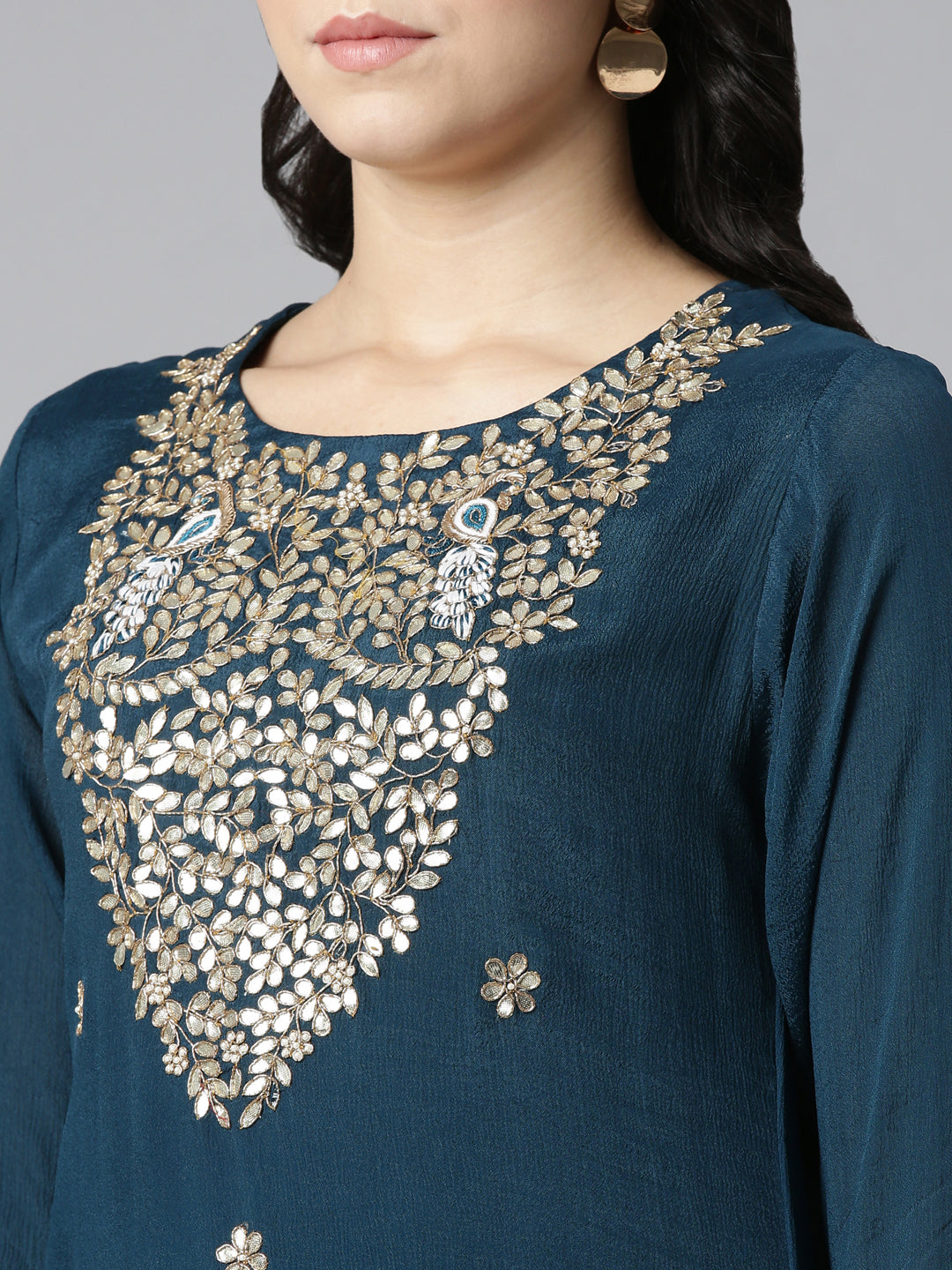 Neeru's Green Regular Straight Embroidered Kurta And Trousers With Dupatta