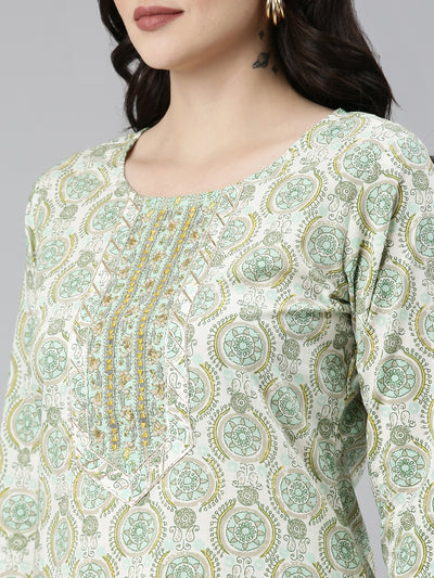 Neeru's Green Regular Straight Printed Kurta And Trousers With Dupatta