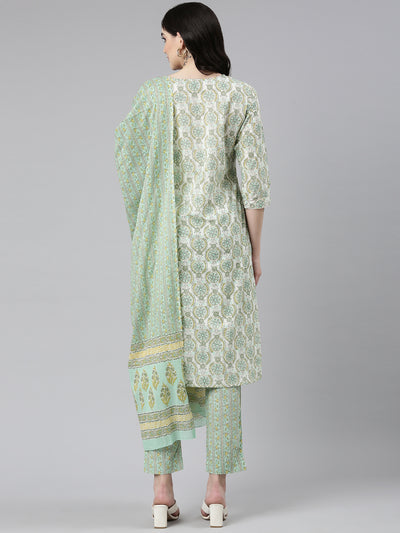 Neeru's Green Regular Straight Printed Kurta And Trousers With Dupatta