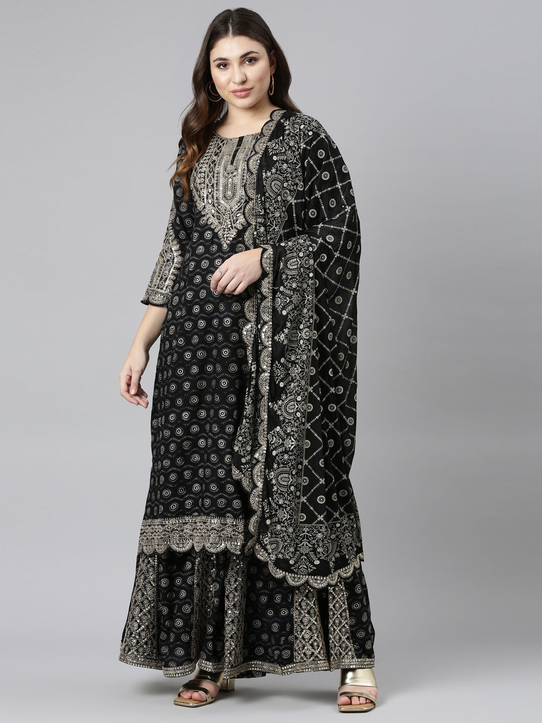 Neeru's Black Regular Straight Printed Kurta And Sharara With Dupatta