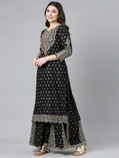 Neeru's Black Regular Straight Printed Kurta And Sharara With Dupatta