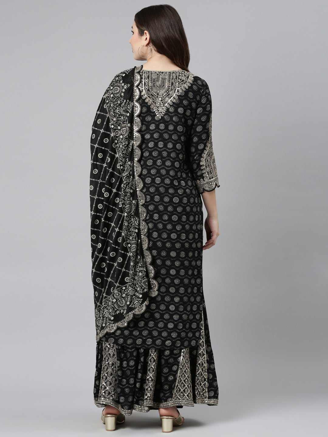 Neeru's Black Regular Straight Printed Kurta And Sharara With Dupatta