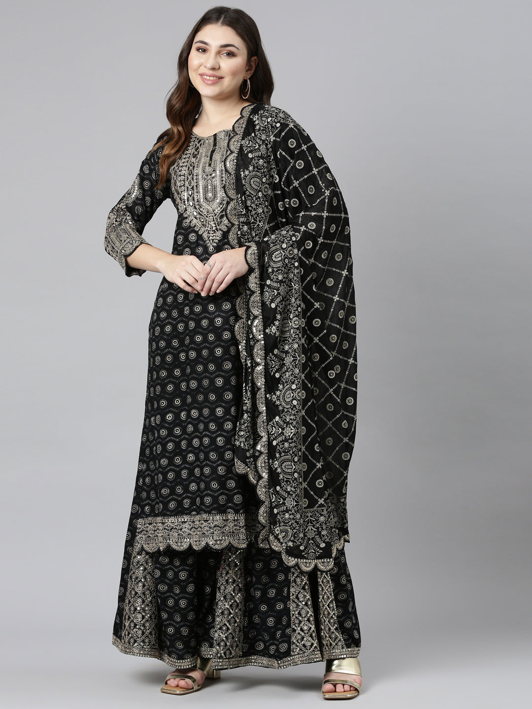 Neeru's Black Regular Straight Printed Kurta And Sharara With Dupatta