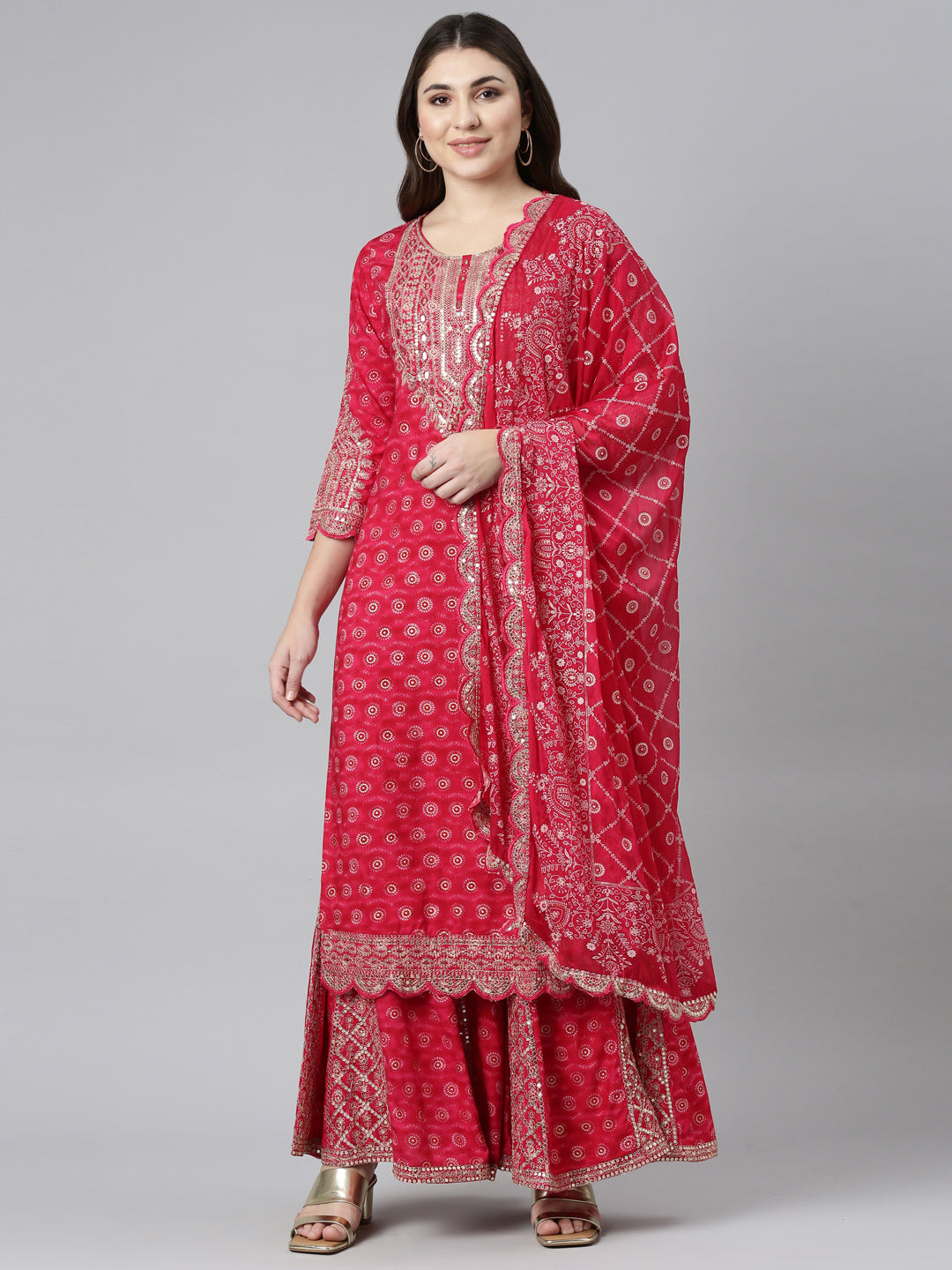 Neeru's Pink Regular Straight Printed Kurta And Sharara With Dupatta