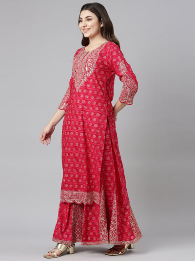 Neeru's Pink Regular Straight Printed Kurta And Sharara With Dupatta