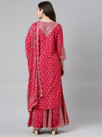 Neeru's Pink Regular Straight Printed Kurta And Sharara With Dupatta