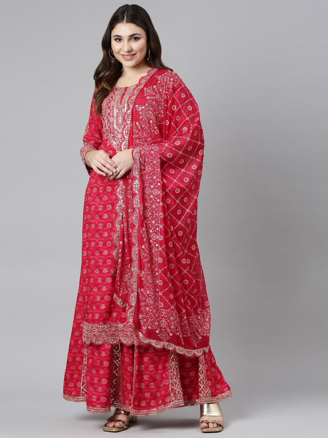 Neeru's Pink Regular Straight Printed Kurta And Sharara With Dupatta