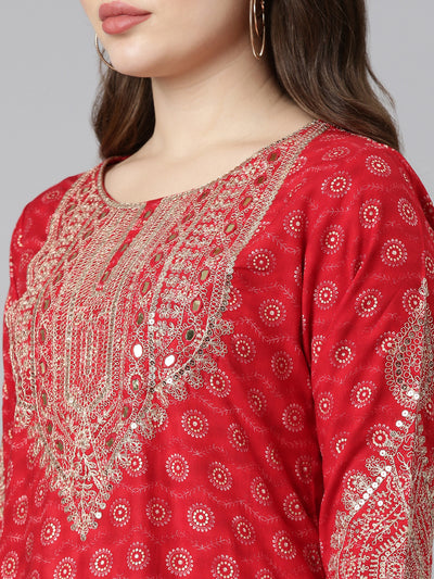 Neeru's Red Regular Straight Printed Kurta And Sharara With Dupatta