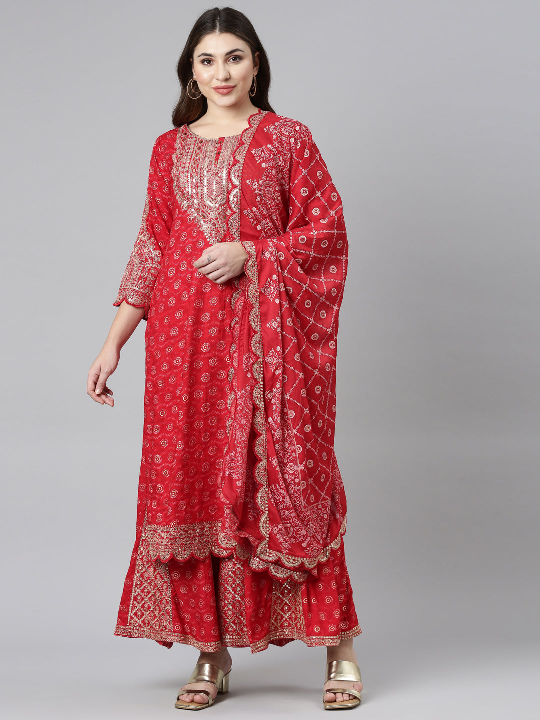 Neeru's Red Regular Straight Printed Kurta And Sharara With Dupatta